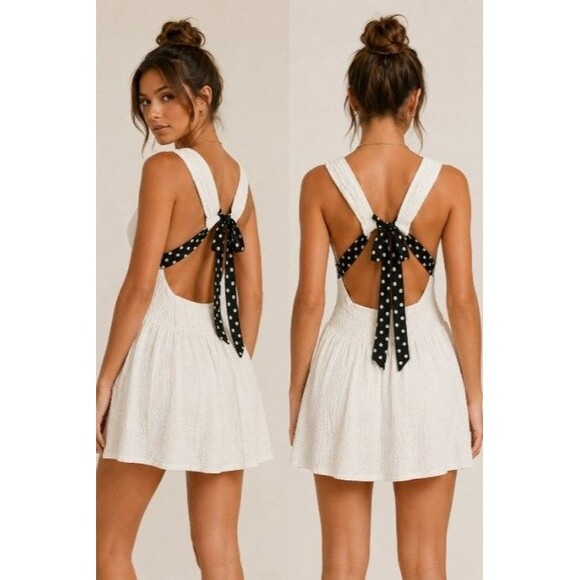 Free People Dresses & Skirts - Free People Aniston Mini Dress Ivory Open Back Polka Dot Bow Textured Size M